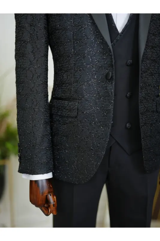 Men's Tuxedo Groom Suit Jacquard Swallowtail Collar Italian Cut Slim Fit Jacket Vest Pants Bow Tie - 5