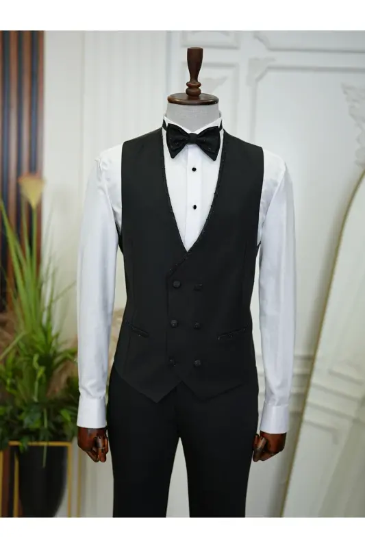 Men's Tuxedo Groom Suit Jacquard Swallowtail Collar Italian Cut Slim Fit Jacket Vest Pants Bow Tie - 6