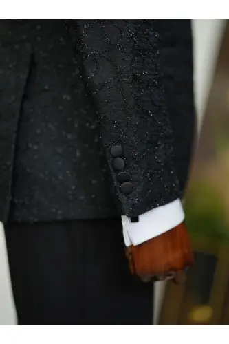 Men's Tuxedo Groom Suit Jacquard Swallowtail Collar Italian Cut Slim Fit Jacket Vest Pants Bow Tie - 7