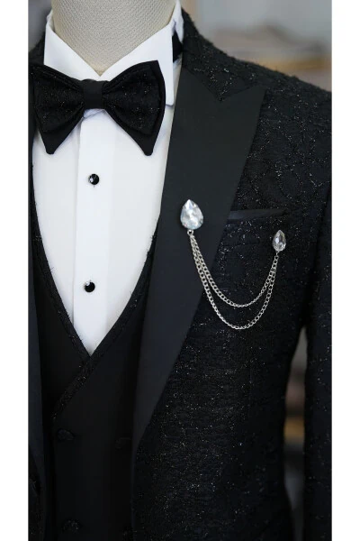 Men's Tuxedo Groom Suit Jacquard Swallowtail Collar Italian Cut Slim Fit Jacket Vest Pants Bow Tie - 10