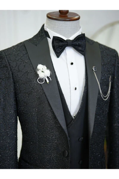 Men's Tuxedo Groom Suit Jacquard Swallowtail Collar Italian Cut Slim Fit Jacket Vest Pants Bow Tie - LONATOLİA (1)