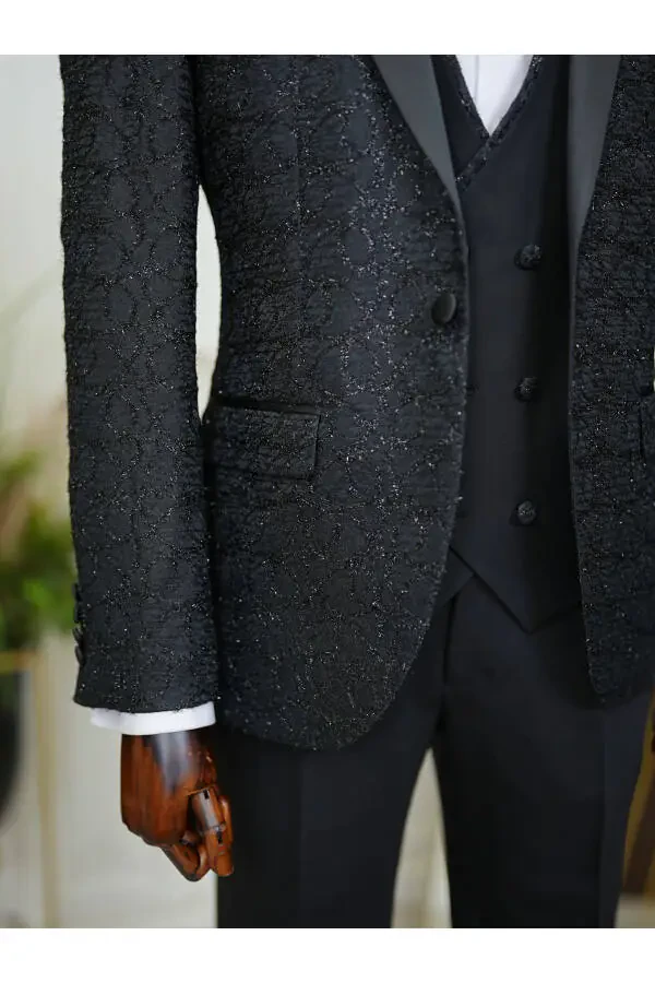 Men's Tuxedo Groom Suit Jacquard Swallowtail Collar Italian Cut Slim Fit Jacket Vest Pants Bow Tie - 4