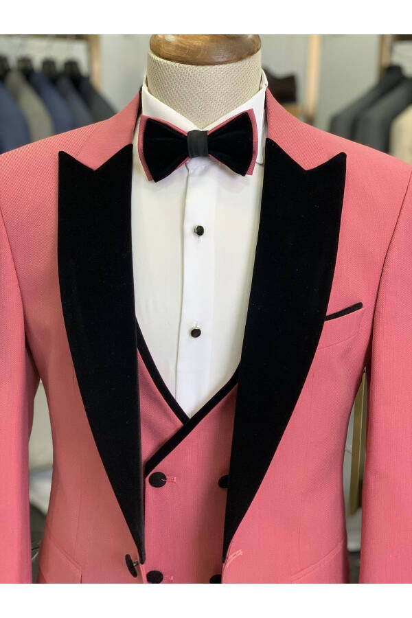 Men's Tuxedo Groom Suit Shawl Collar Velvet Italian Style Slim Fit Jacket Vest Pants Bow Tie - Pink - 11