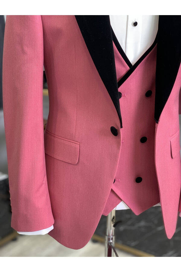 Men's Tuxedo Groom Suit Shawl Collar Velvet Italian Style Slim Fit Jacket Vest Pants Bow Tie - Pink - 14