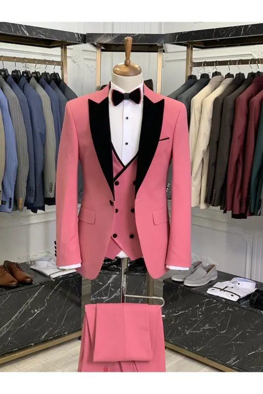 Men's Tuxedo Groom Suit Shawl Collar Velvet Italian Style Slim Fit Jacket Vest Pants Bow Tie - Pink - 3