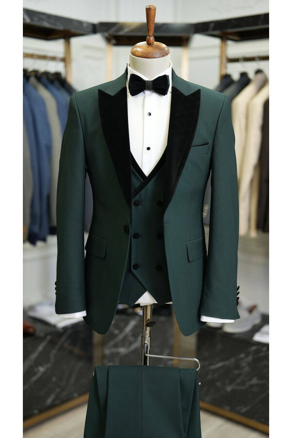 Men's Tuxedo Groom Suit Swallow Velvet Collar Italian Style Slim Fit Jacket Vest Pants Bow Tie - Khaki - 1