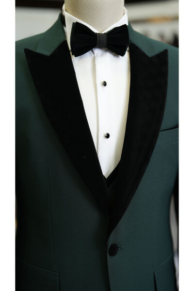 Men's Tuxedo Groom Suit Swallow Velvet Collar Italian Style Slim Fit Jacket Vest Pants Bow Tie - Khaki - 4