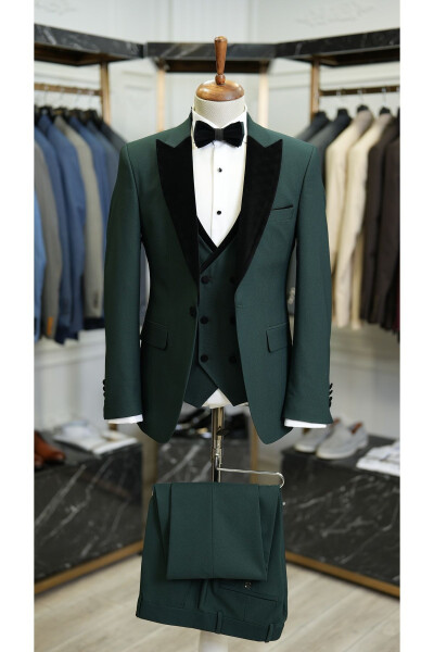 Men's Tuxedo Groom Suit Swallow Velvet Collar Italian Style Slim Fit Jacket Vest Pants Bow Tie - Khaki - 6