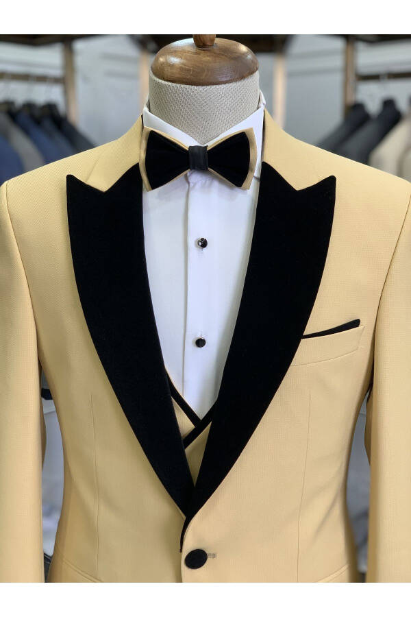 Men's Tuxedo Groom Suit Swallow Velvet Collar Italian Style Slim Fit Jacket Vest Pants Bow Tie - Yellow - 8