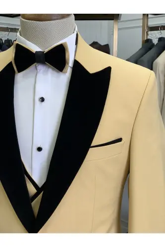 Men's Tuxedo Groom Suit Swallow Velvet Collar Italian Style Slim Fit Jacket Vest Pants Bow Tie - Yellow - 4