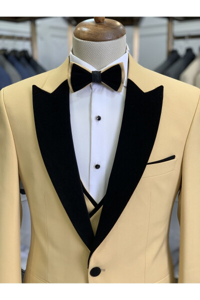 Men's Tuxedo Groom Suit Swallow Velvet Collar Italian Style Slim Fit Jacket Vest Pants Bow Tie - Yellow - 2