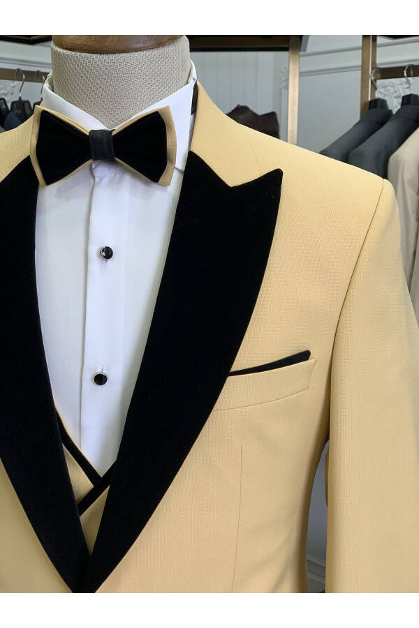 Men's Tuxedo Groom Suit Swallow Velvet Collar Italian Style Slim Fit Jacket Vest Pants Bow Tie - Yellow - 3