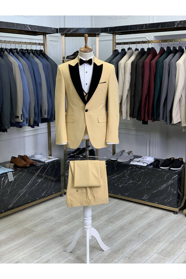 Men's Tuxedo Groom Suit Swallow Velvet Collar Italian Style Slim Fit Jacket Vest Pants Bow Tie - Yellow - 4