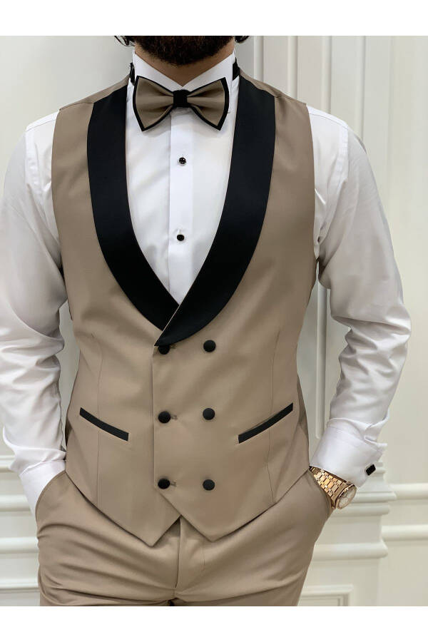 Men's tuxedo, shawl collar, Italian cut, slim fit jacket, vest, pants, bow tie - Milk Coffee - 4