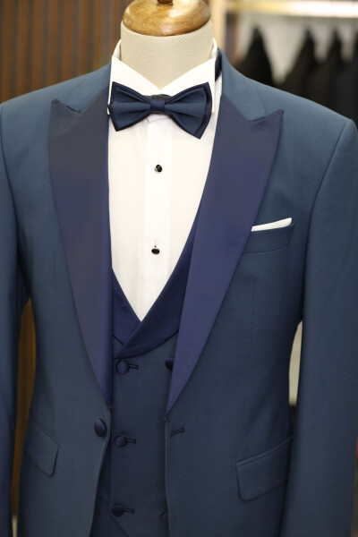 Men's Tuxedo Wedding Suit with Swallowtail Collar Italian Cut Slim Fit Jacket Vest Pants Bow Tie - Indigo - 4