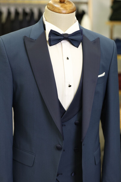 Men's Tuxedo Wedding Suit with Swallowtail Collar Italian Cut Slim Fit Jacket Vest Pants Bow Tie - Indigo - 5