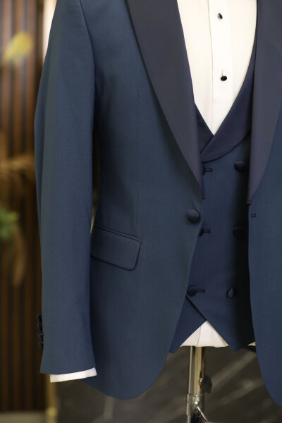 Men's Tuxedo Wedding Suit with Swallowtail Collar Italian Cut Slim Fit Jacket Vest Pants Bow Tie - Indigo - 6