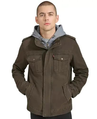 Men's Two Pocket Hooded Trucker Jacket - Dark Brown - 1