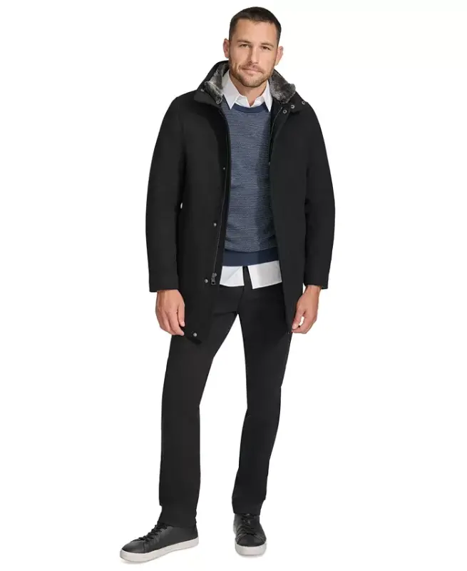 Men's Urban Walker Coat with Detachable Faux Rabbit Fur at Interior Collar - Black - 6