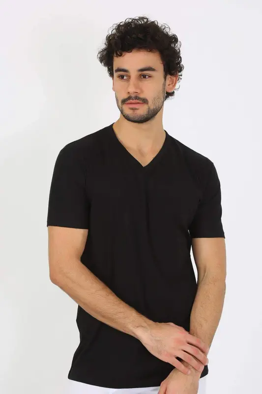 Men's V-Neck Black Cotton Undershirt 6560 - 1