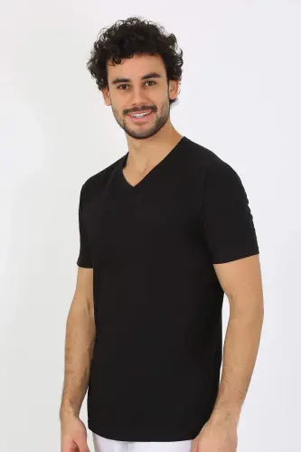Men's V-Neck Black Cotton Undershirt 6560 - 4