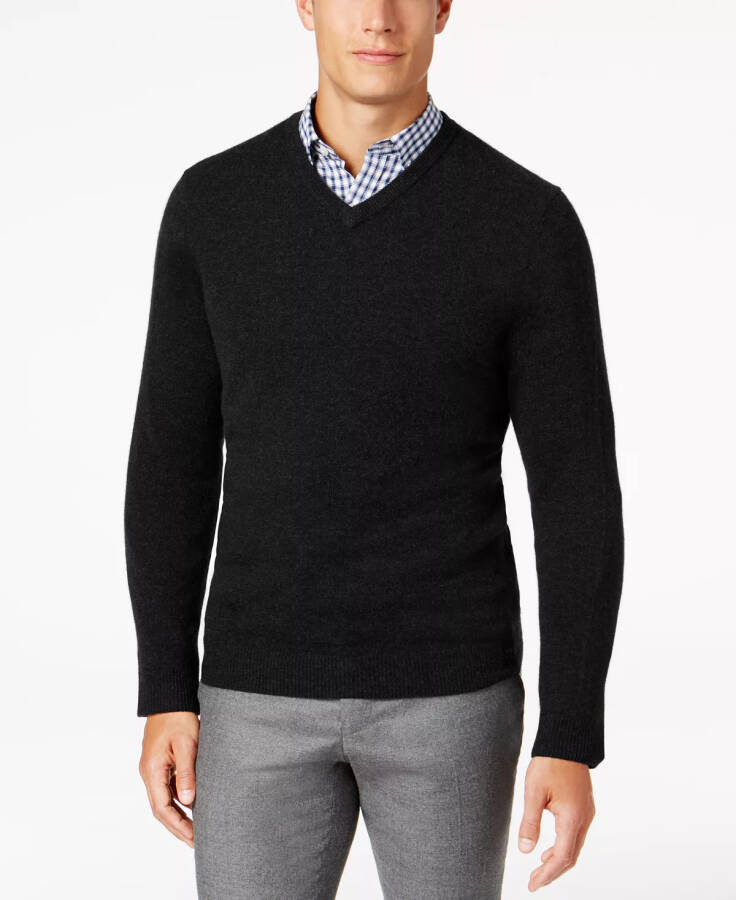 Men's V-Neck Cashmere Sweater, Created for Modazone Deep Black - 1