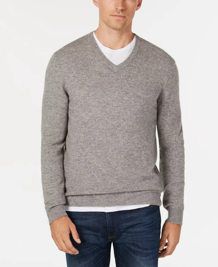 Men's V-Neck Cashmere Sweater, Created for Modazone Grey Heather - 1