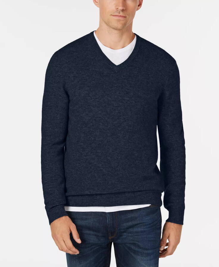 Men's V-Neck Cashmere Sweater, Created for Modazone - Navy Heather - 1