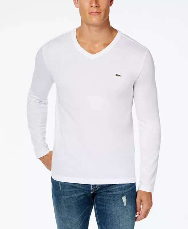 Men's V-Neck Casual Long Sleeve Jersey T-Shirt - 001 - White - LACOSTE
