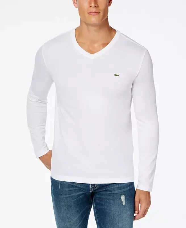 Men's V-Neck Casual Long Sleeve Jersey T-Shirt - 001 - White - 1
