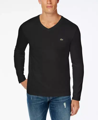 Men's V-Neck Casual Long Sleeve Jersey T-Shirt - 031 - Black 