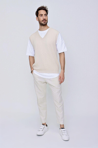 Men's V-Neck Cotton Knit Sweater Beige - 3