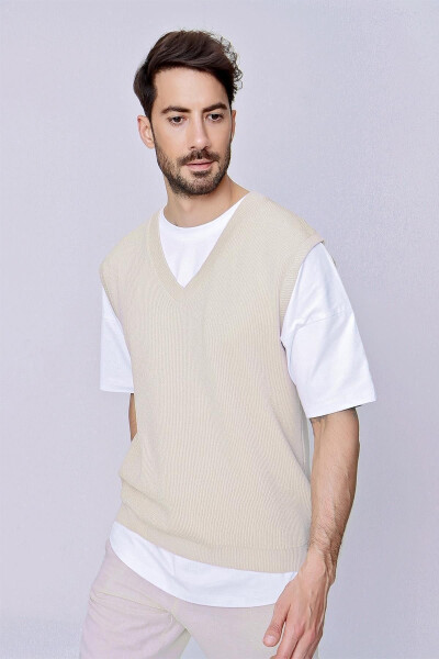 Men's V-Neck Cotton Knit Sweater Beige - 4