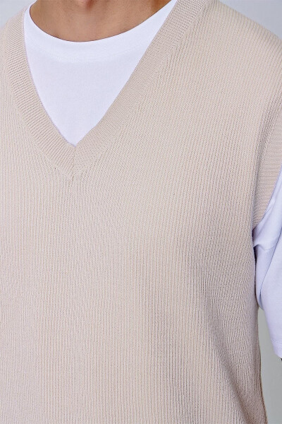 Men's V-Neck Cotton Knit Sweater Beige - 5