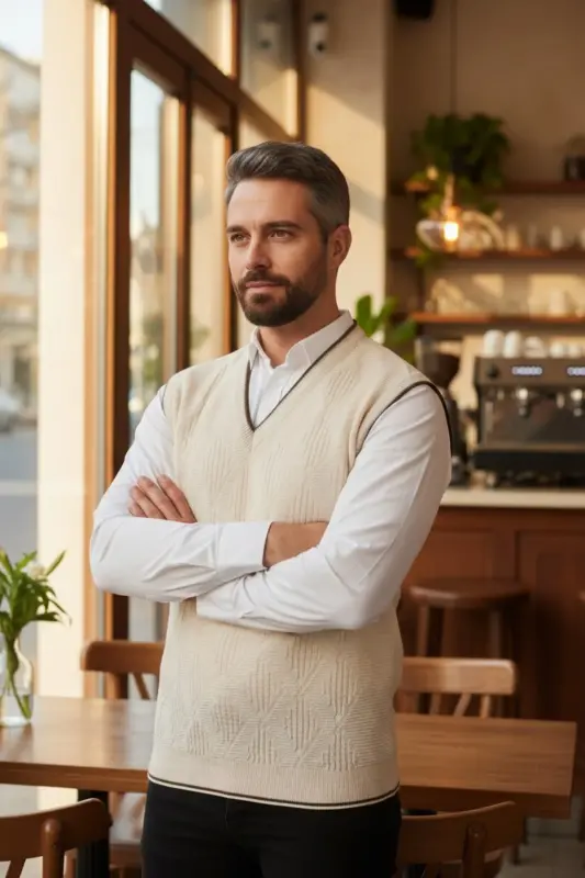 Men's V-Neck Knit Non-Pilling Sweater Regular Fit Hair Braid Linen Pattern - 3