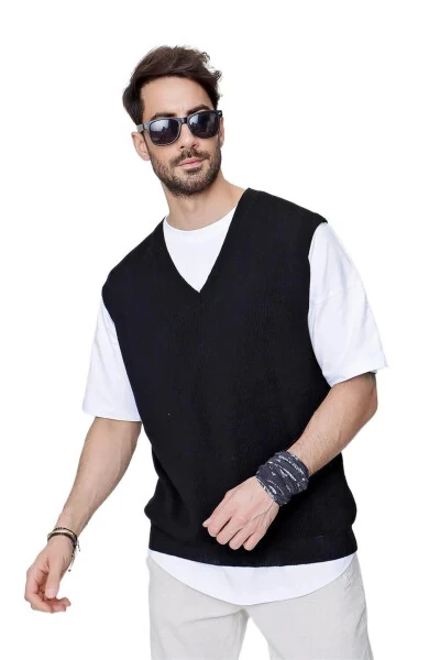 Men's V-Neck Relaxed Fit Cotton Knit Sweater Black 22sm214 - CHUBA