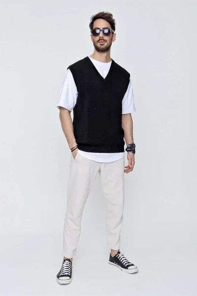 Men's V-Neck Relaxed Fit Cotton Knit Sweater Black 22sm214 - CHUBA (1)