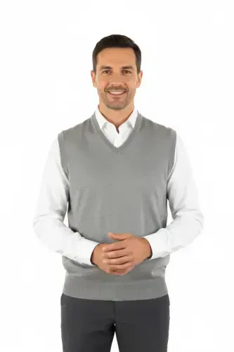 Men's V-Neck Solid Color Classic Fit Relaxed Fit Regular Fit Fine Wool Knit Sweater-Gray - 1