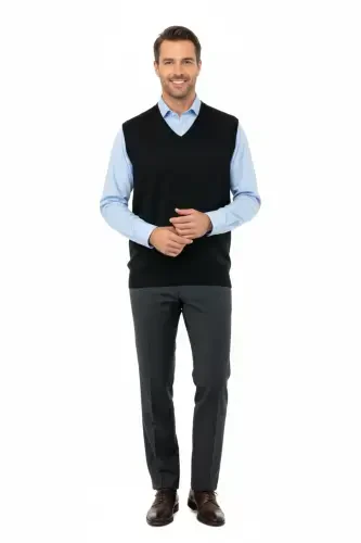 Men's V-Neck Solid Color Classic Model Comfort Fit Full Fit Fine Wool Knit Sweater-Black - 1