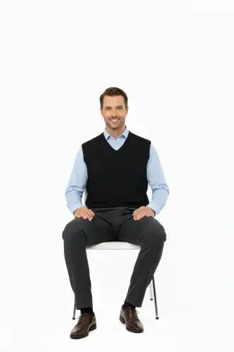 Men's V-Neck Solid Color Classic Model Comfort Fit Full Fit Fine Wool Knit Sweater-Black - 3