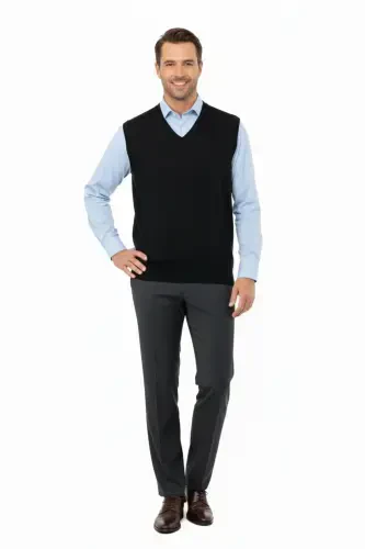 Men's V-Neck Solid Color Classic Model Comfort Fit Full Fit Fine Wool Knit Sweater-Black - 4