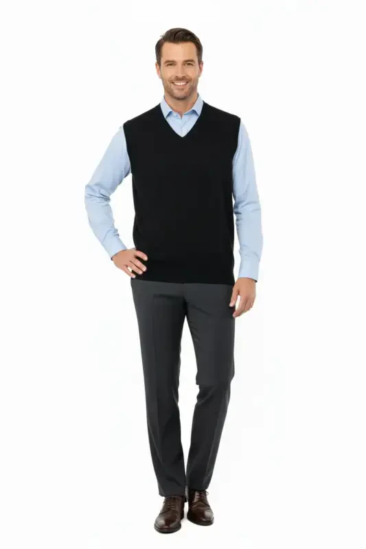 Men's V-Neck Solid Color Classic Model Comfort Fit Full Fit Fine Wool Knit Sweater-Black - 4