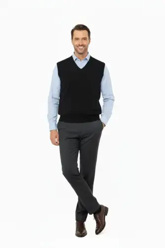 Men's V-Neck Solid Color Classic Model Comfort Fit Full Fit Fine Wool Knit Sweater-Black - 5