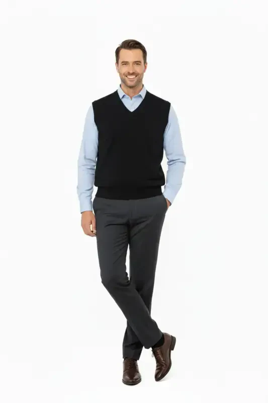 Men's V-Neck Solid Color Classic Model Comfort Fit Full Fit Fine Wool Knit Sweater-Black - 5