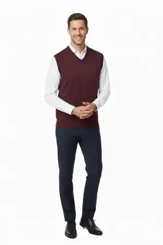 Men's V-Neck Solid Color Classic Model Relaxed Fit Full Fit Fine Wool Knit Sweater - 2