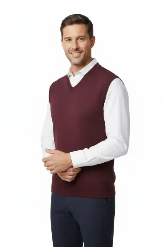 Men's V-Neck Solid Color Classic Model Relaxed Fit Full Fit Fine Wool Knit Sweater - 3