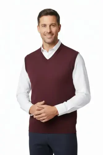Men's V-Neck Solid Color Classic Model Relaxed Fit Full Fit Fine Wool Knit Sweater - 4
