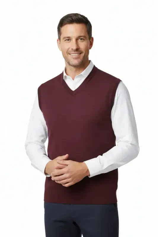 Men's V-Neck Solid Color Classic Model Relaxed Fit Full Fit Fine Wool Knit Sweater - 4