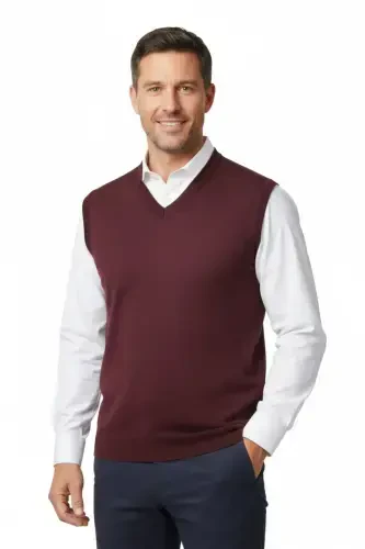 Men's V-Neck Solid Color Classic Model Relaxed Fit Full Fit Fine Wool Knit Sweater - 5