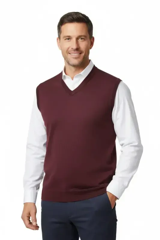 Men's V-Neck Solid Color Classic Model Relaxed Fit Full Fit Fine Wool Knit Sweater - 5